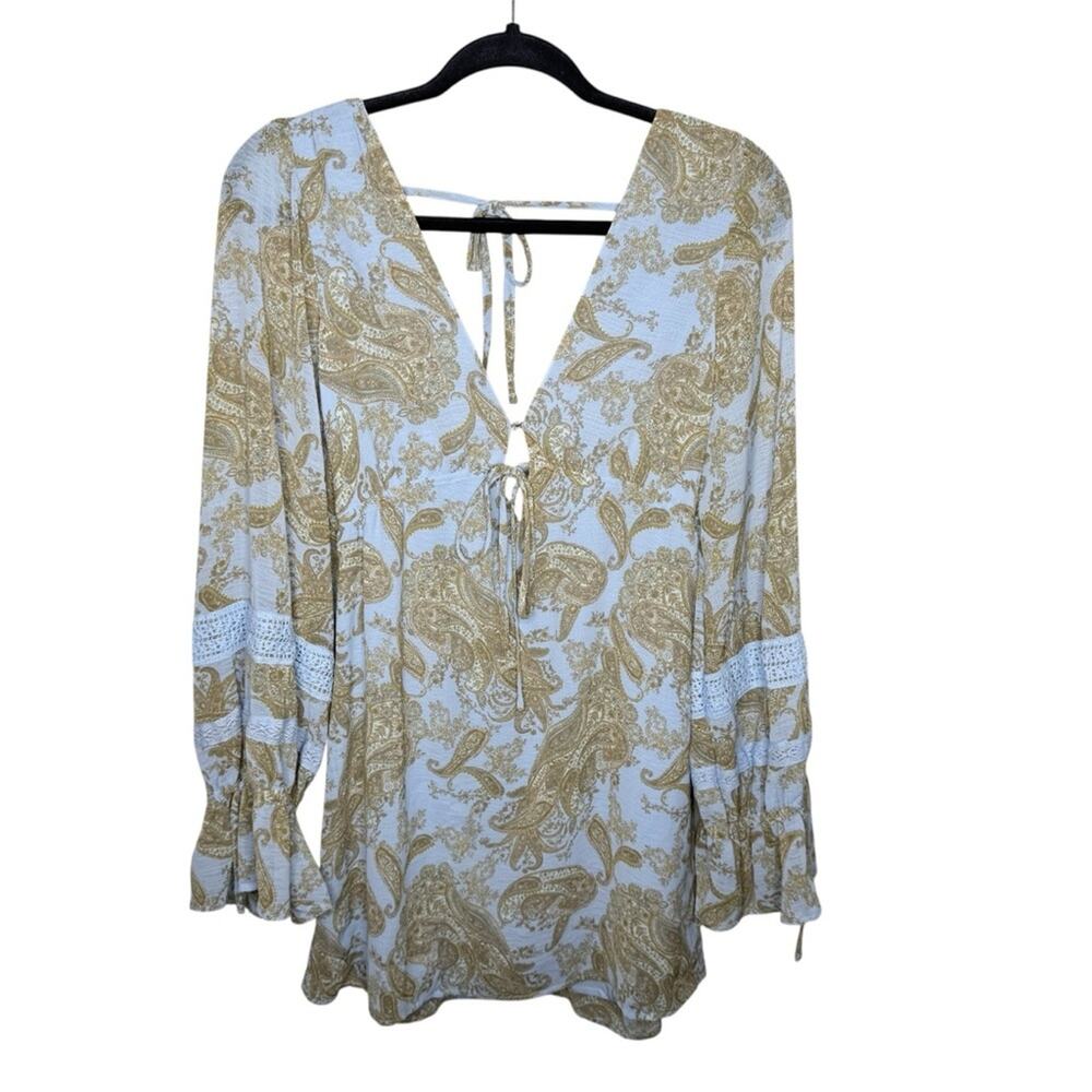 URBAN OUTFITTERS / Charlene blue tan paisley printed long sleeve mini dress / S